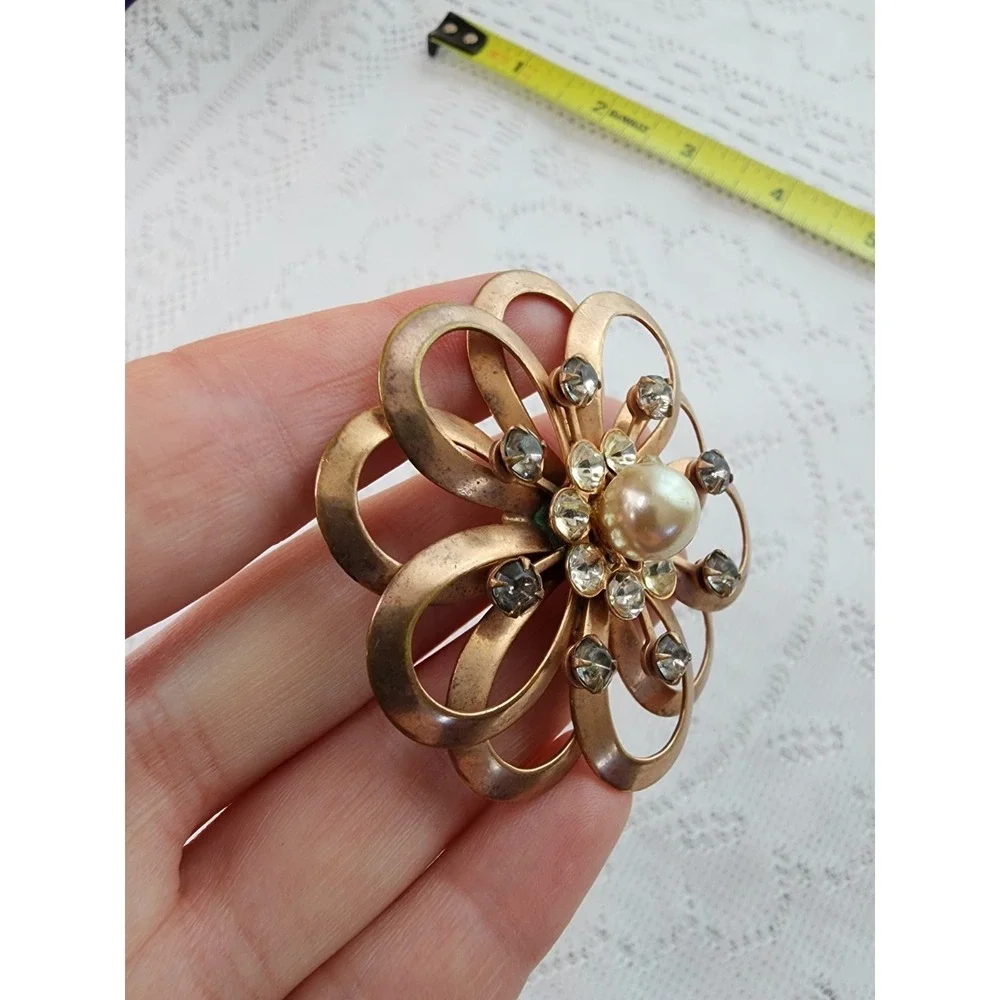 Vintage Mid Century Flower Brooch Smoky Glass Rhinestone Pearl Art Deco Mod